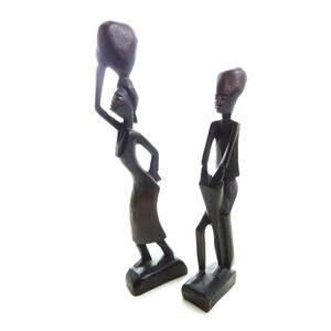 Vintage African Tribal Wood Figures Souvenir Set of 2 Man Drum Woman